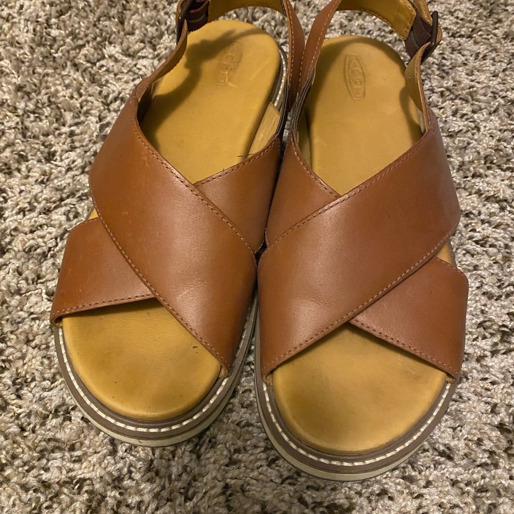 Keen Brown Sandals with Crossover Straps and Ankle Buckle